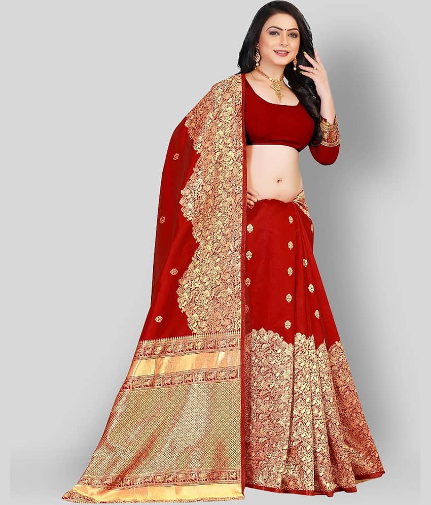 NENCY FASHIONS Banarasi Silk Embroidered Saree With Unstitched Blouse Piece ( Red )