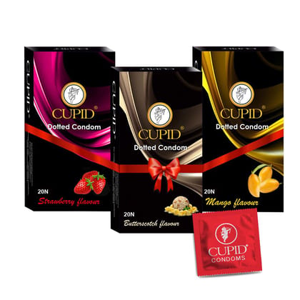 Cupid Dotted & Flavoured Condoms Mango, Strawberry & Butterscotch Flavour (Pack of 3) | Lubricated & Multitextured Condoms | For Her Enhanced Pleasure | Pack of 3, 20 Pcs Each