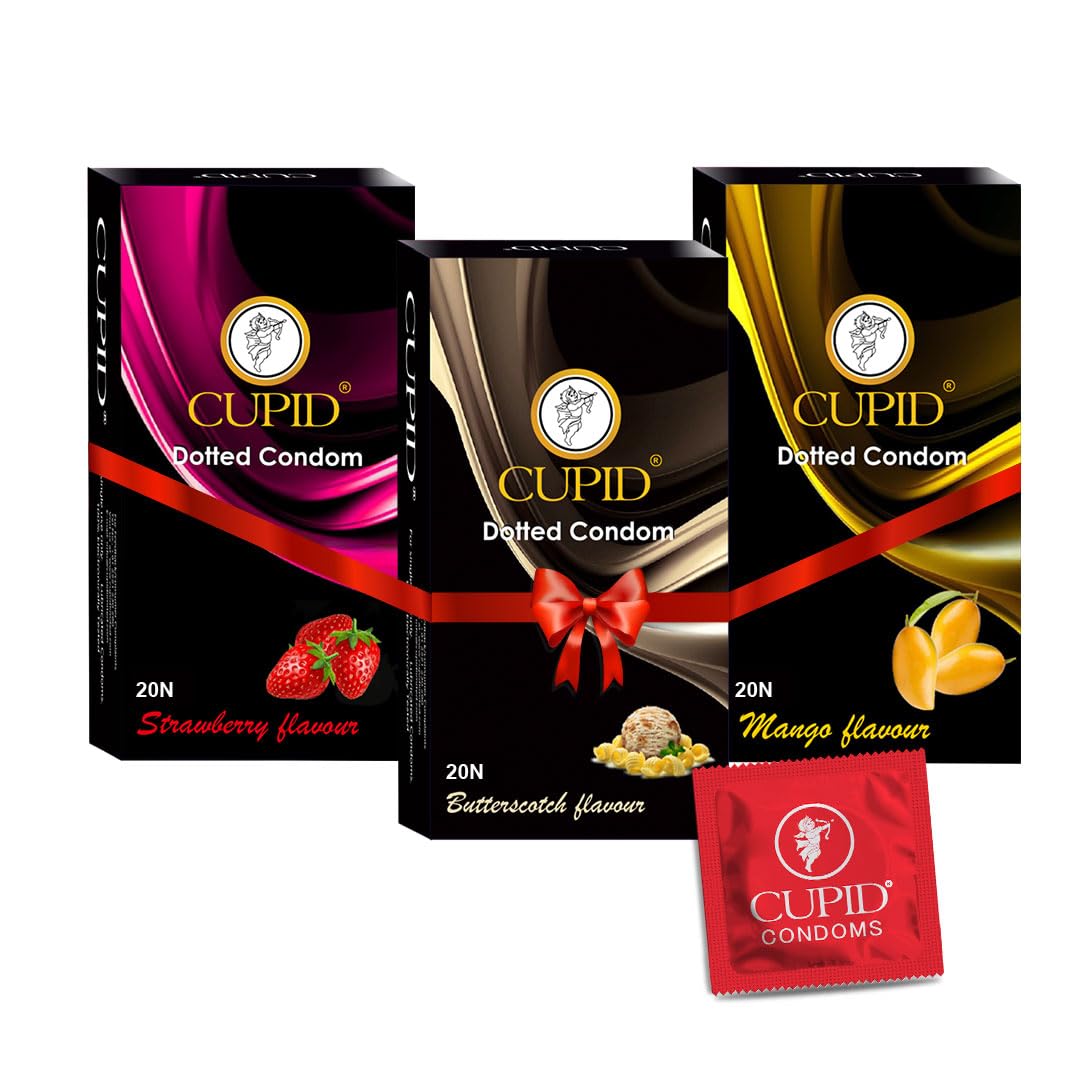 Cupid Dotted & Flavoured Condoms Mango, Strawberry & Butterscotch Flavour (Pack of 3) | Lubricated & Multitextured Condoms | For Her Enhanced Pleasure | Pack of 3, 20 Pcs Each