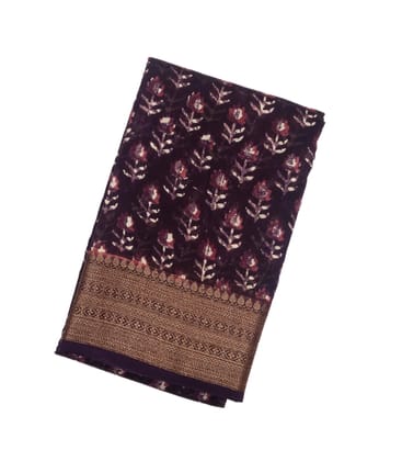 Burgundy Woven Chanderi Cotton Saree Printed Floral Motifs-Burgundy