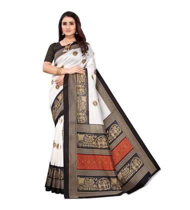 Women's Art Silk Printed Saree with Unstitched Blouse (Black, 5-6 Mtrs)