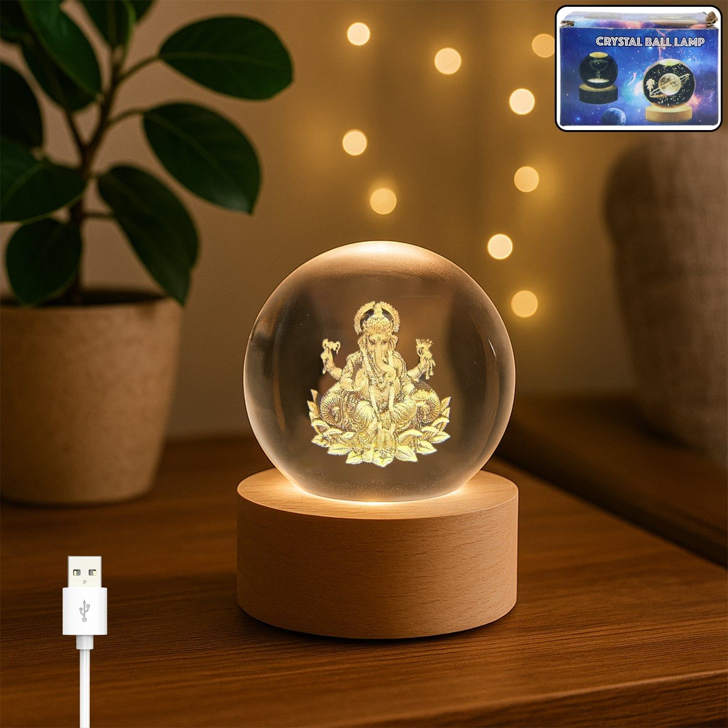 Ganpati 3D Crystal Ball lamps With Wood Baseassorted colour