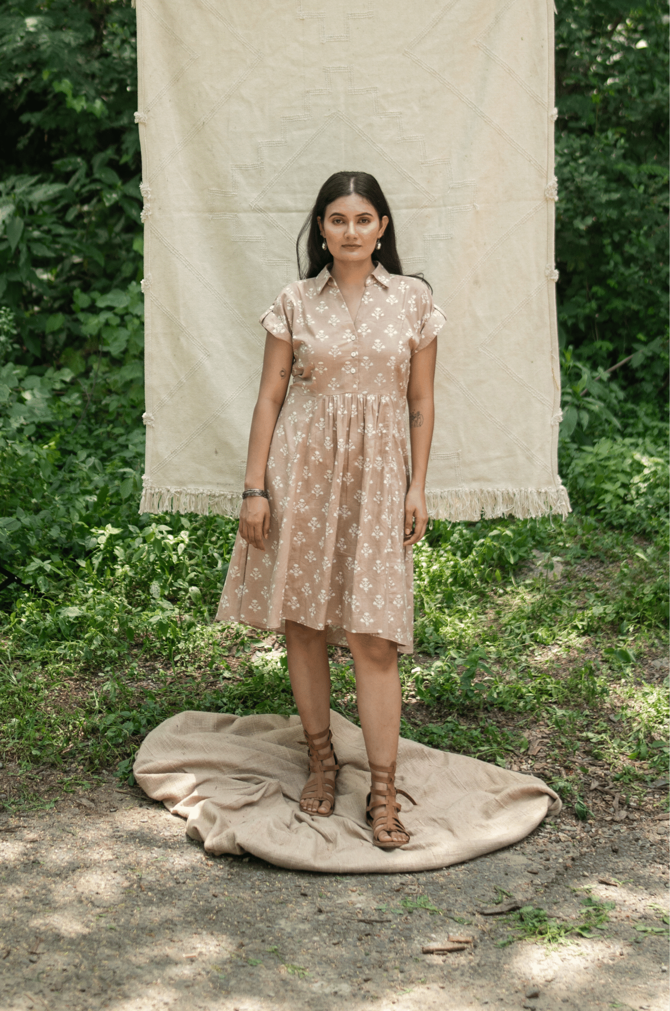 Hand Block Printed Shirt Dress - Brazilian Sand-XS