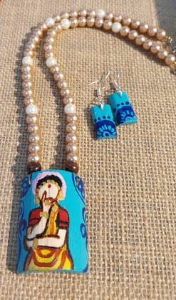 Handmade Handpainted Necklace with Golden Pearl Mala On Bamboo Base, Including Hanging Bamboo Earings