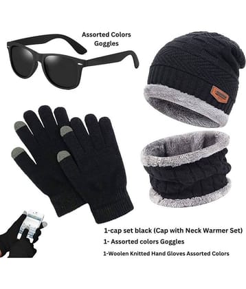 thriftkart - Men's & Women's Woolen Cap with Neck Muffler/Neckwarmer and Assorted Color Unisex Sunglasses and Woolen Knitted Hand Gloves