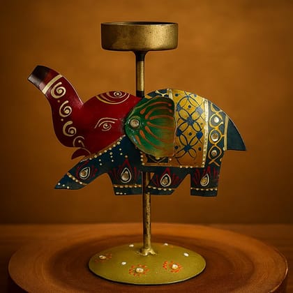 Decorative Metal Elephant Candle Holder, Handcrafted Traditional Diya Stand, Red and Green, 15x14 cm, Table Decor for Home, Pooja, Festive Lighting