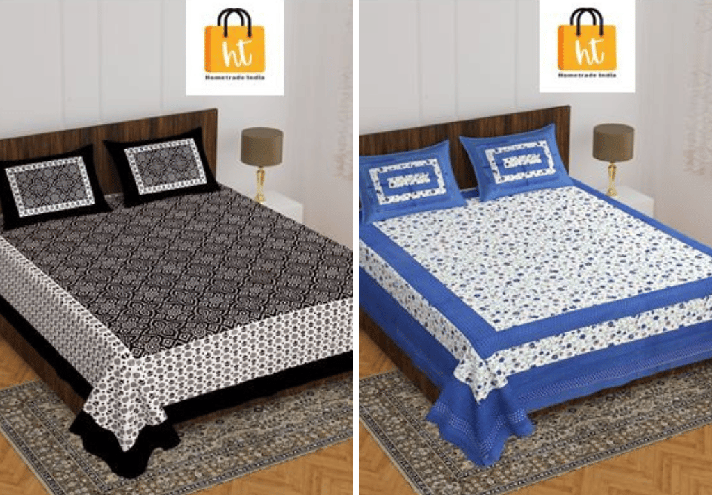 2201-Hometrade India- Standard Double Size (90*100 in )-Combo Jaipuri Double bedsheet With Matching Pillow Cover