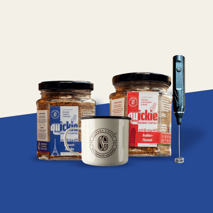 Quickie Connoisseur Kit- Instant Coffee (2x50g)  + Enamel Mug + Milk Frother-French Vanilla-50gms / Italian Roast-50gms