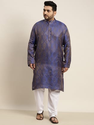 Men's Jacquard Silk Blue & Gold Kurta & Off-White Pyjama-44
