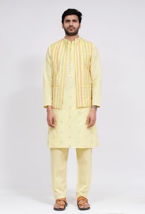 Set of 3: Yellow Stripe Nehru Jacket With Yellow Dobby Button Down Kurta and Pajama-40