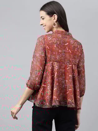 Rust Chiffon Lurex Digital Printed Flared Top