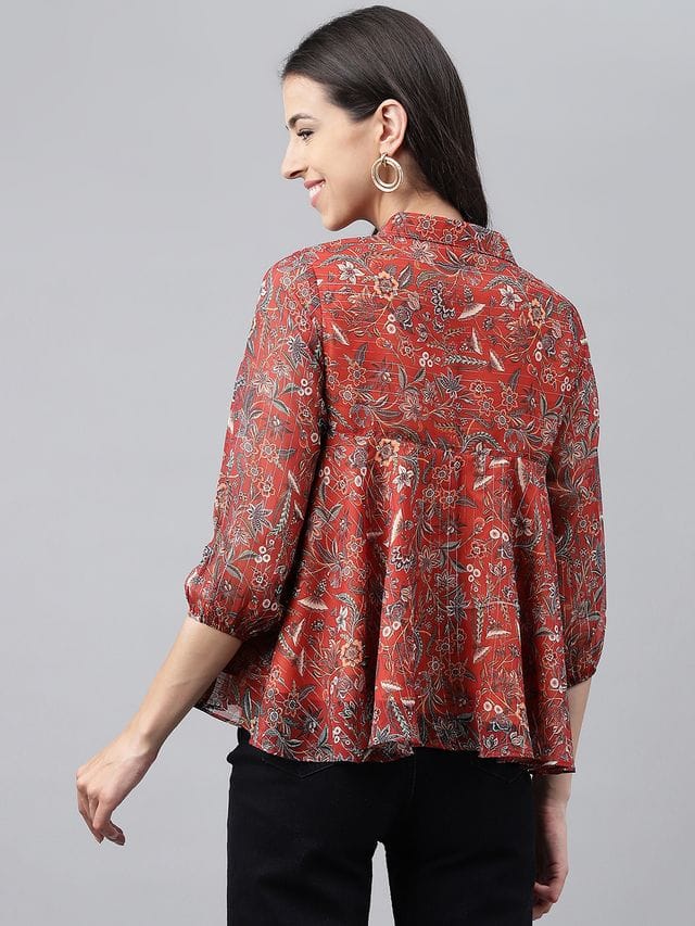 Rust Chiffon Lurex Digital Printed Flared Top
