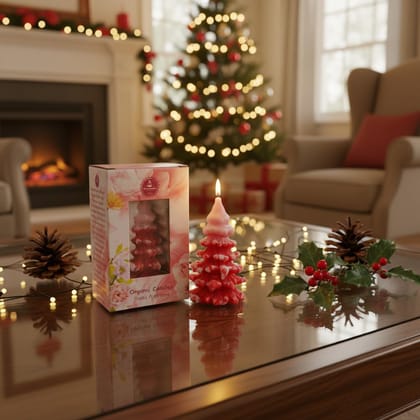 SS Enterprise Organic Soy Wax Christmas Tree Pillar Candle for Decor, Scented Aromatic Fragrance Candles, Smoke-Free, Xmas Decoration Accessories, Pack of 1, Red