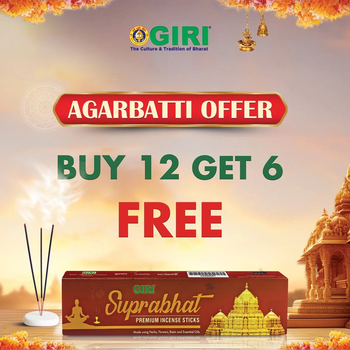 Giri Incense Sticks Pack | Buy 12 Get 6 | Scent Sticks Combo | Agarbatti Pack | Agarbathi Combo Pack for Pooja | Scent: Suprabhat