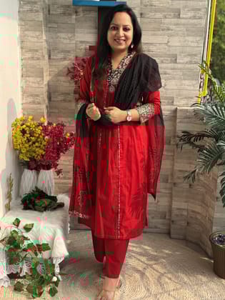 Siya Aline 3 piece premium Cotton Suit Set- Red-M-38