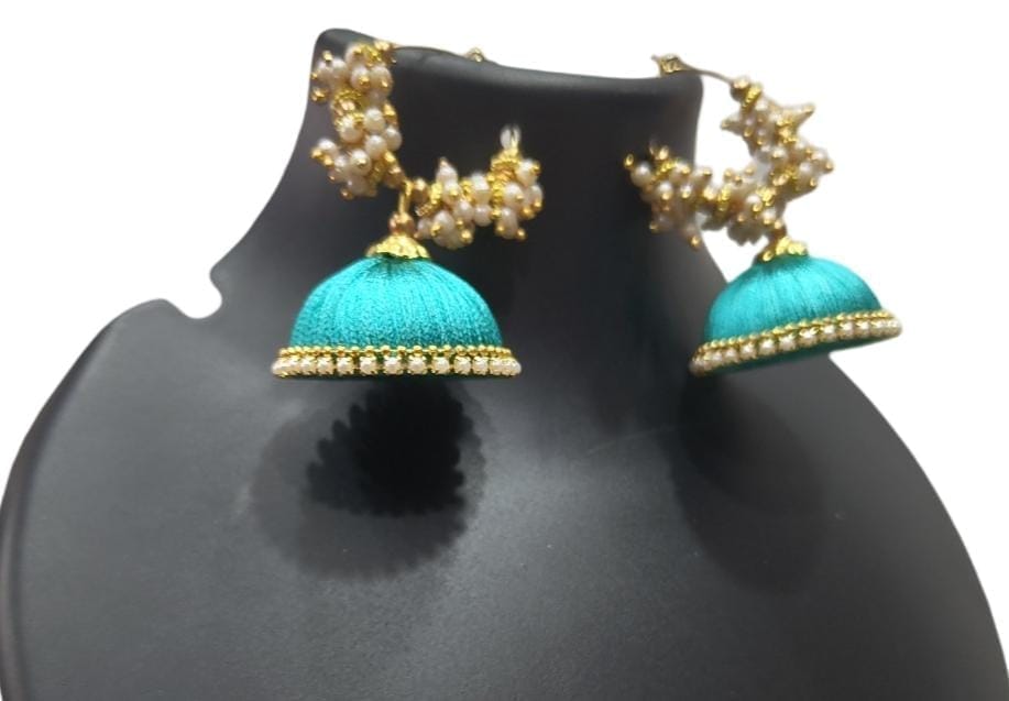"Stunning Aqua Blue Silk Thread Jhumka Earrings with Pearl Beads for Women"
