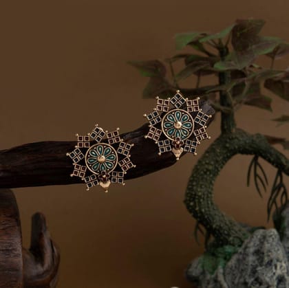 Gold Plated Floral Enamel Designed Artwork Antique Earring-