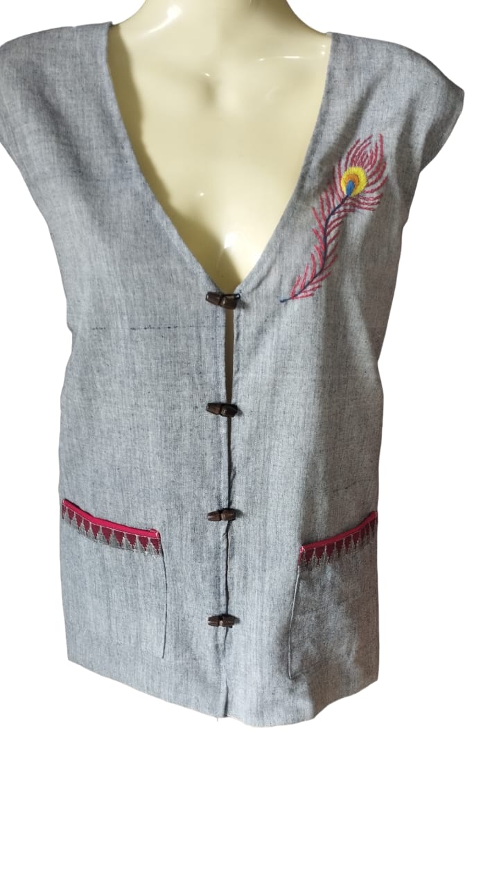 Elegant Handmade Ladies' Waistcoat - Versatile Light Grey Woolen Cotton with Intricate Embroidery