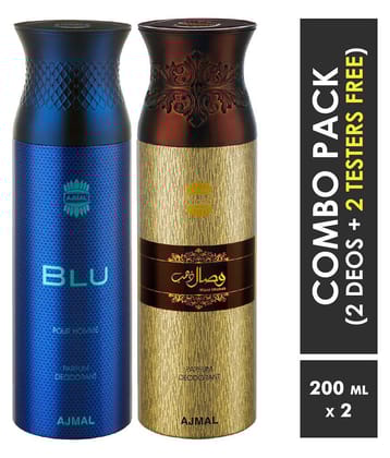 Ajmal Blu Homme And Wisal Dhahab Deodorant Spray For Men 200mL Each (Pack Of 2 400mL)