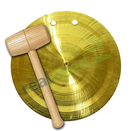 Real Seed Brass Ghadiyal with Wooden Hammer | Diameter - 13.8 CMS | Weight - 460 Grams