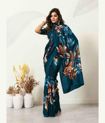 TTH Georgette Printed Regular Saree With Unstitched Blouse Piece ( Rama )