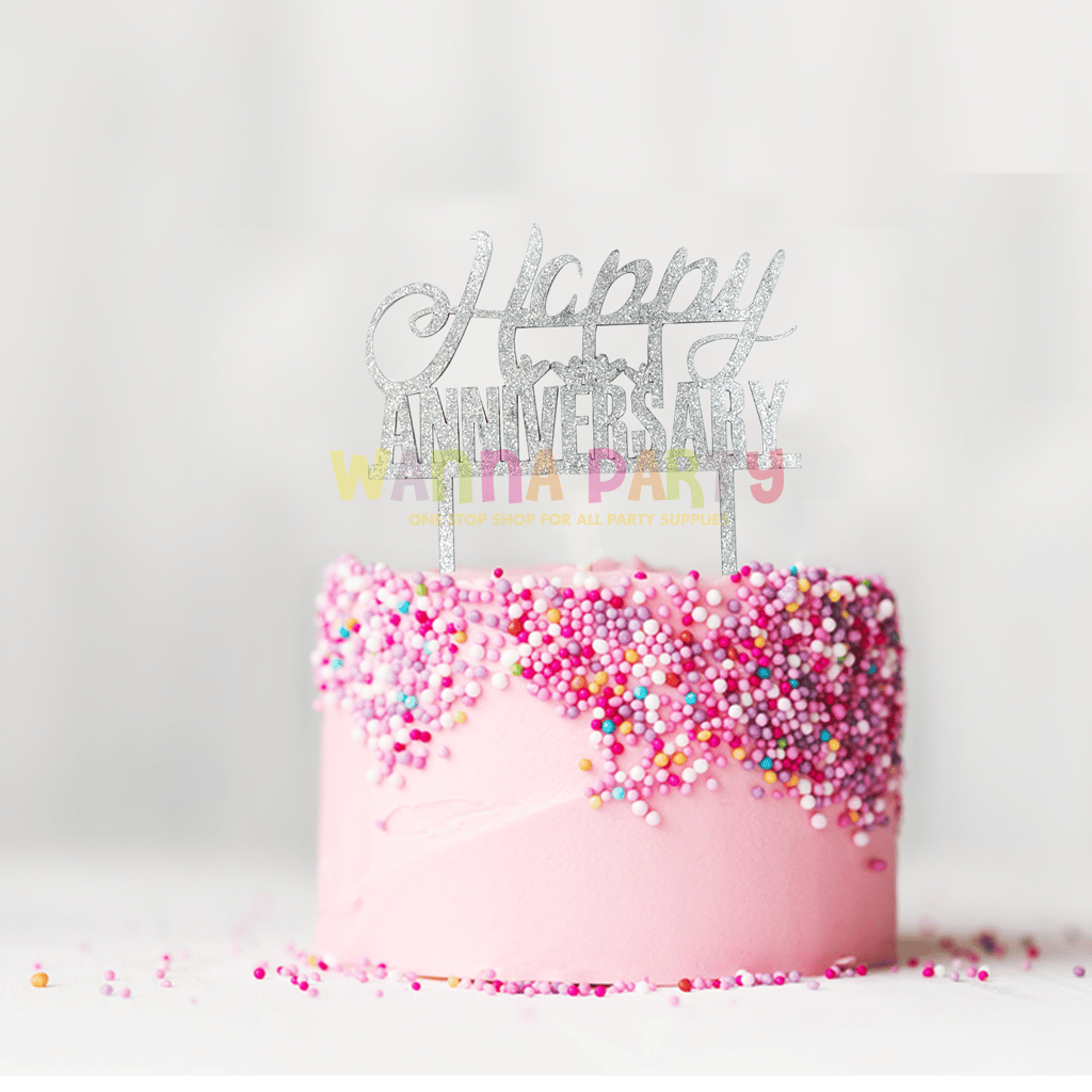 Happy Anniversary Silver Glitter Cake Topper - 1PC - Party and Festive Needs | Buy online on ZillyBuy