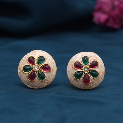 Rani & Green Color Stud Earrings (STUD228RNIGRN)-Length: 2.50 CM x Width: 2.50 CM / Green / Alloy With Good Quality Mehndi Gold Plated