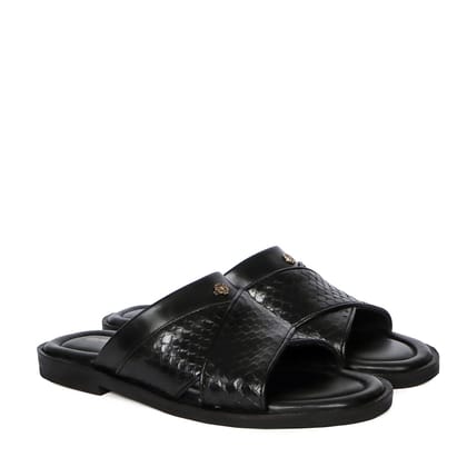 Slide In Slippers With Snake Scales Textured Leather Crossover Straps-44/10