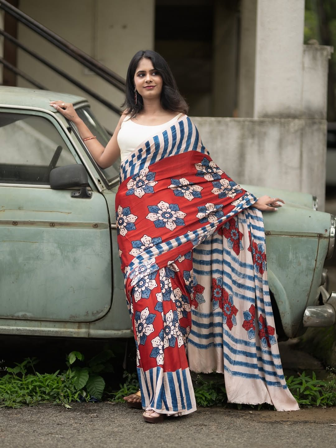 Bold & Beautiful: Red Linen Saree with Large Floral Motifs & Striped Border | Party Collection