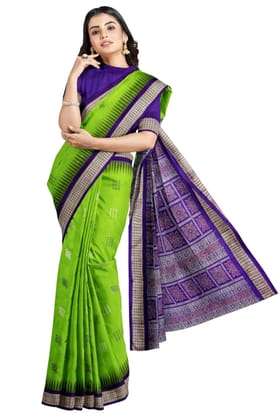 Parrot Green Royal Blue Bomkai Silk Saree