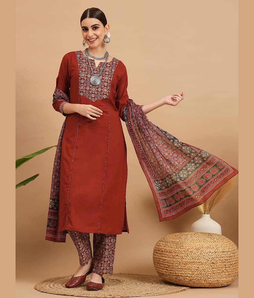 Vbuyz Cotton Printed Kurti With Pants Women's Stitched Salwar Suit - Maroon ( Pack of 1 )