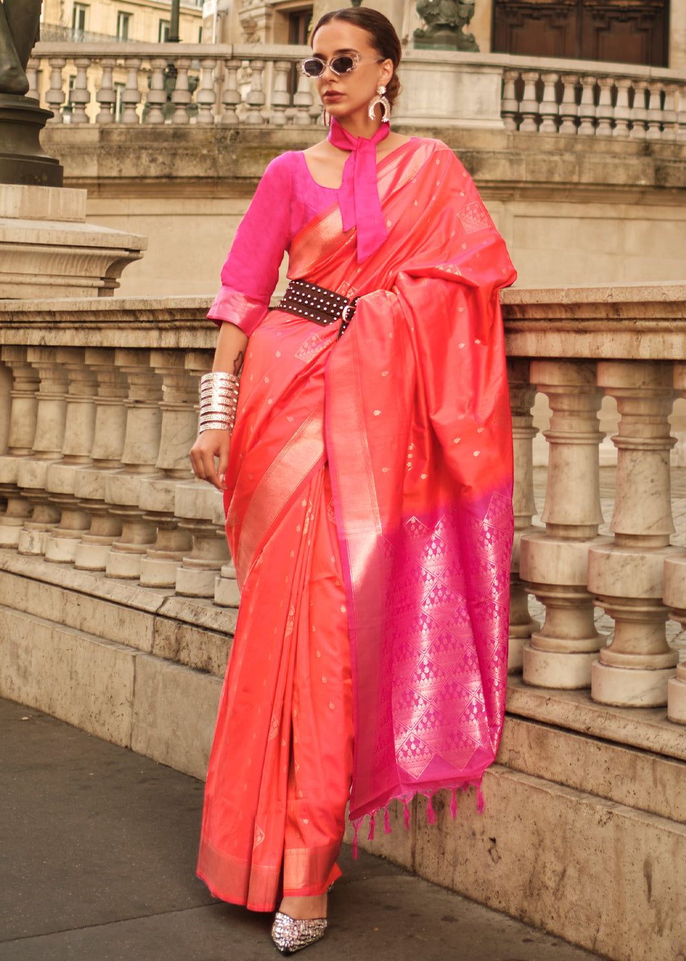 Bright Red Woven Banarasi Soft Silk Saree