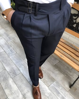 Navy Striped Double Buckle Formal Gurkha Pants by ITALIAN VEGA®-28