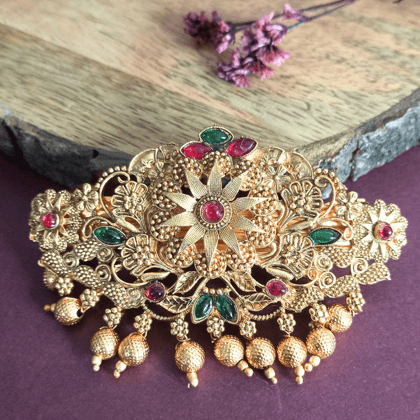 Traditional Gold-Plated Hair Barrette Clip with Floral Design and multicolor stone golden beads Danglers