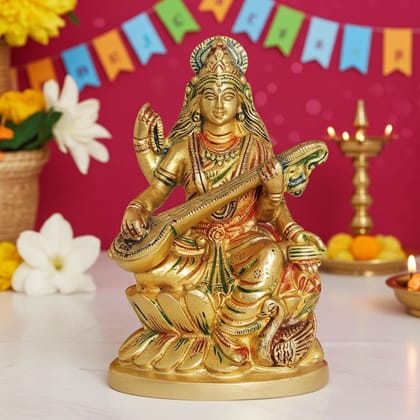 Brass Goddess Saraswati Idol - Spiritual Decorative Sculpture, Height : 6 Inch (BSMAS1413 C)