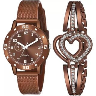 Bolun Av Cash RR Brown Pu With Heart Bracelet Analog Women and Girls WatchCvvm386