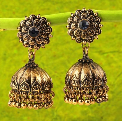 Antique Gold Plated Triple Floral Blue Stone Artwork Jhumki Earring- AER 270