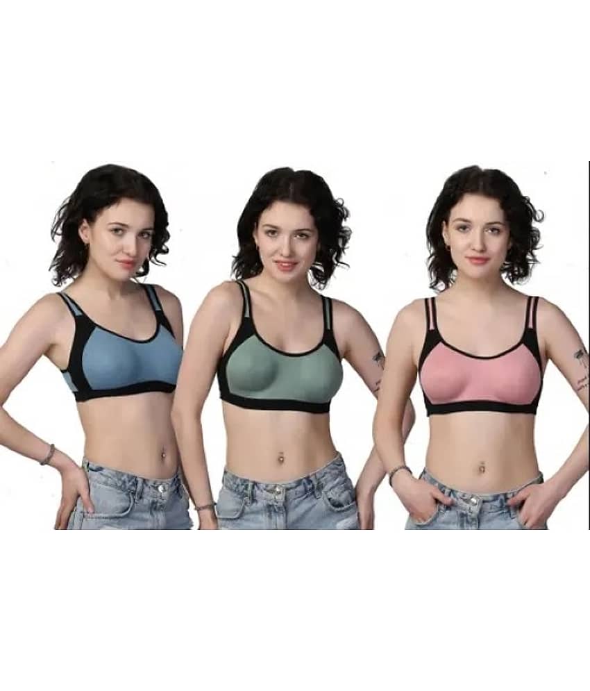 Kiran Enterprises Blue,Green,Pink Cotton Non Padded Women's Sports Bra ( Pack of 3 )
