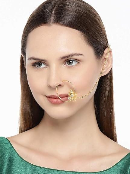 Delicate Kundan Studded Nose Ring with Chain