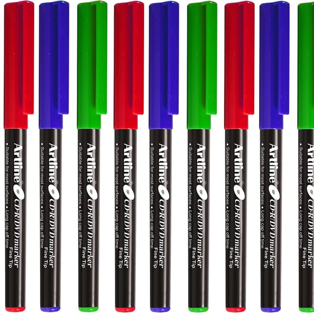 Artline CDR/DVD Marker Red Pack of 10 X 2 Packs, Green Pack of 10 X 2 Packs, Purple Pack of 10 X 1 Packs (50 DVD's Markers) | On Multiple Surface: Metal, Plastic/OHP, Glass/Porcelain & Carton