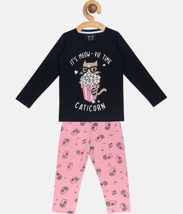 Lazy Shark Pack of 1 Girls Cotton Blend Nightsuit Set ( Blue )