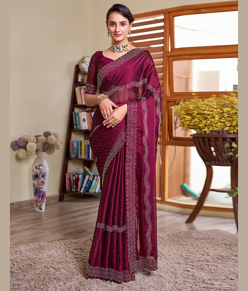 Satrani Georgette Embellished Saree With Unstitched Blouse Piece ( Mauve )