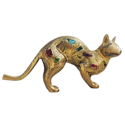 Brass Cat Polish Meena Decorative Showpiece Statue for Home & Office Decor, Height : 3.5 Inch (ANMAS072)