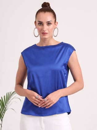 Women's European Satin Solid Crew Neck Top-XL