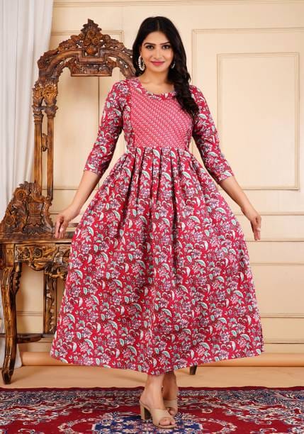 Women Printed Cotton Blend Anarkali Kurta  (Red)