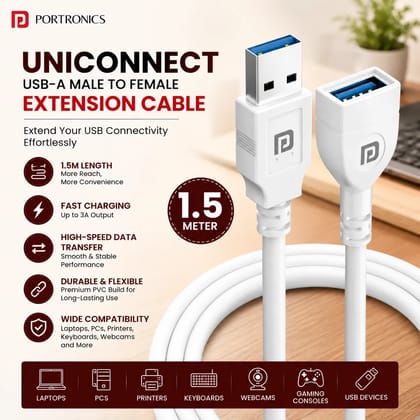 Portronics Uniconnect 1.5 Meter USB Extension Cable | USB Type-A Male to Female Extension Cord | Fast Data Transfer & Charging | Durable PVC USB Extender for Laptop, PC, Printer, Keyboard, Mouse, Webcam & USB Devices (Random Color| 1.5 Meter) Portronics Uniconnect 1.5 Meter USB Extension Cable | USB Type-A Male to Female Extension Cord | Fast Data Transfer & Charging | Durable PVC USB Extender for Laptop, PC, Printer, Keyboard, Mouse, Webcam & USB Devices (Random Color| 1.5 Meter)