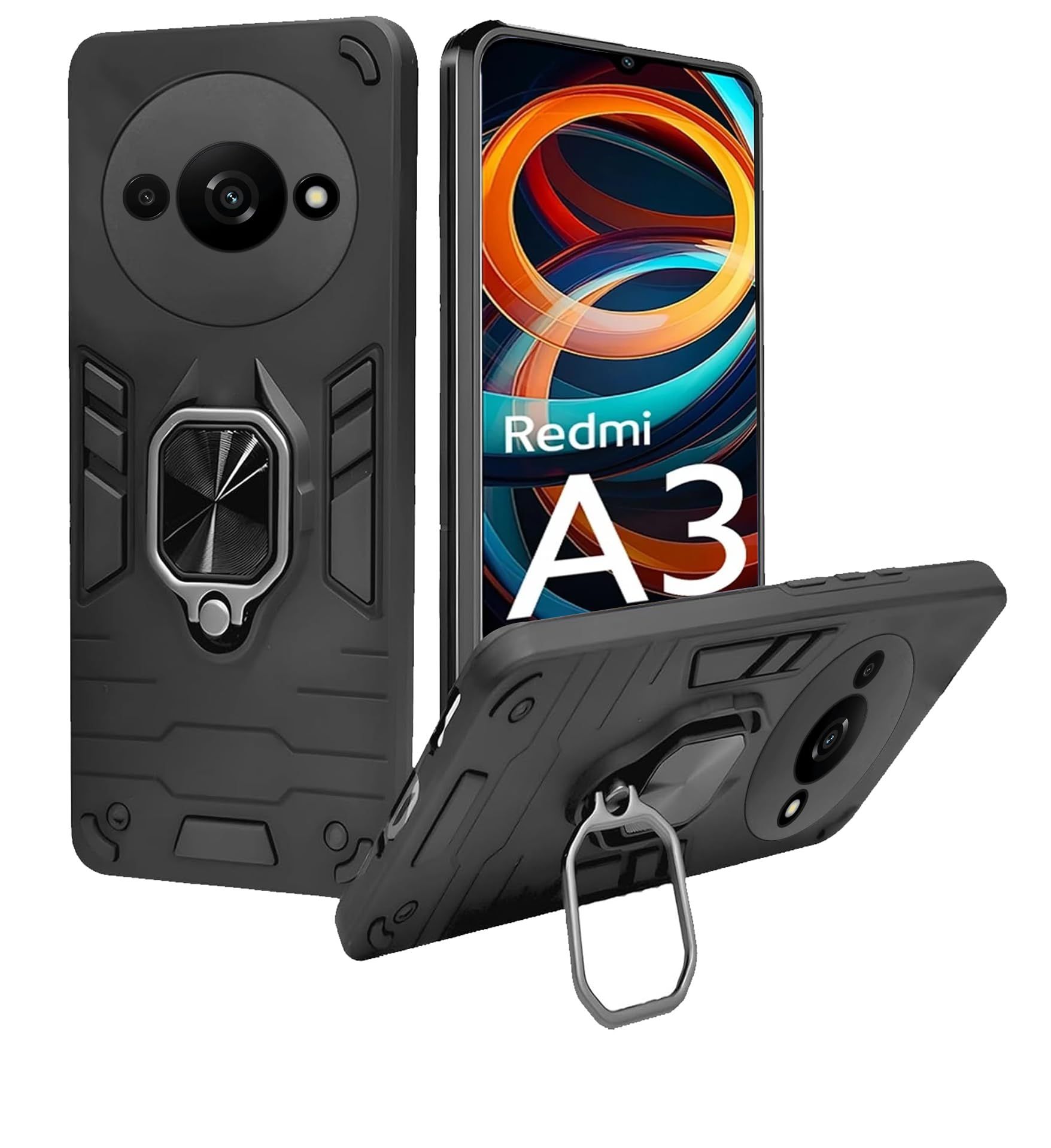 A rtistque Armor Bumper Back Case Cover for Redmi A3 (2024) / Redmi A3x / Poco C61 | Stylish Ring Holder & Inbuilt Stand | Shockproof TPU Protective Design | 360 Degree Poco C61 Back Cover - Black A rtistque Armor Bumper Back Case Cover for Redmi A3 (202