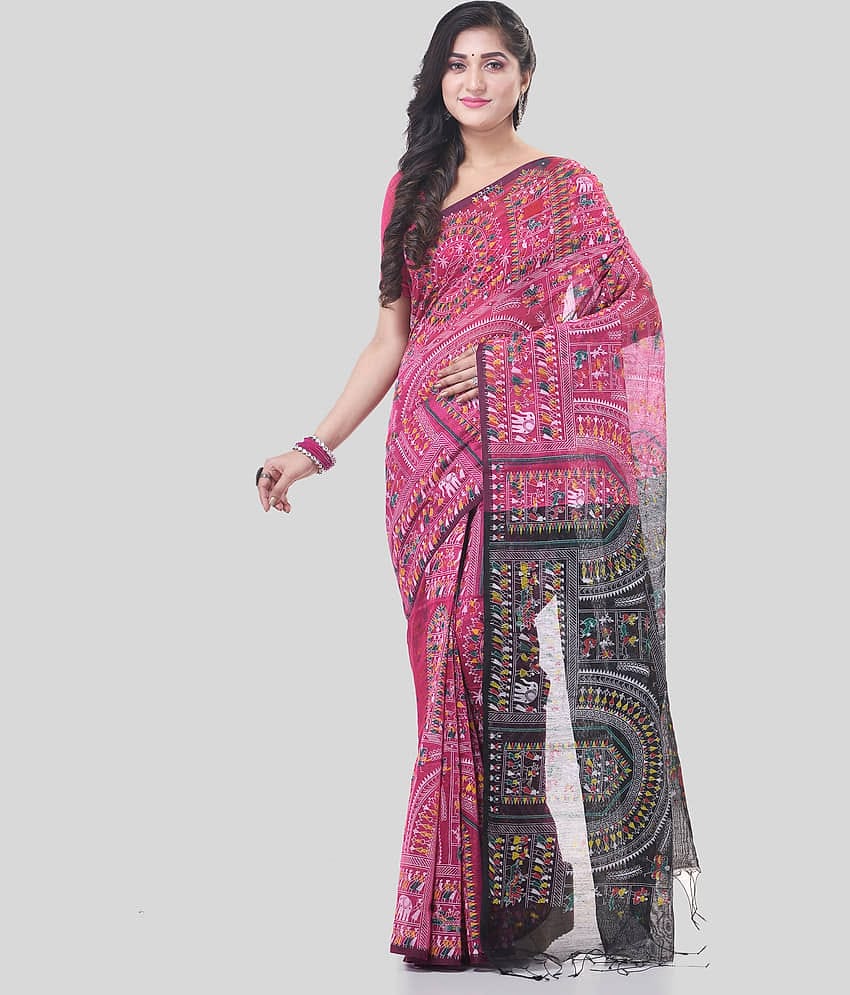 Desh Bidesh Cotton Blend Self Design Saree With Unstitched Blouse Piece ( Pink )