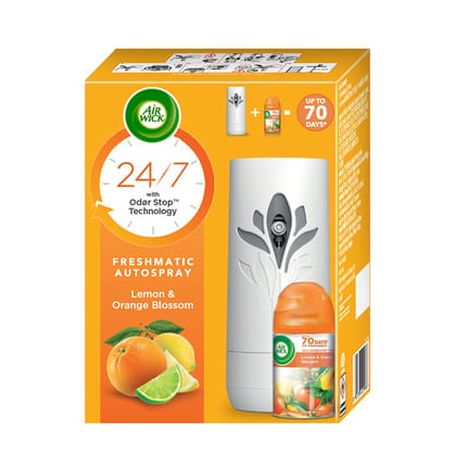 Air Wick Freshmatic Automatic Air Freshener Kit [Automatic Spray + Lemon & Orange Blossom Refill - 250 Ml], 2600 Sprays Guaranteed