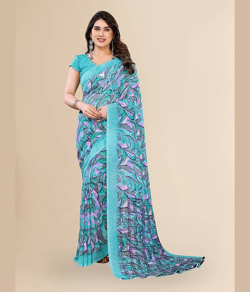 ANAND SAREES Georgette Printed Chanderi saree With Unstitched Blouse Piece ( Aqua Blue )